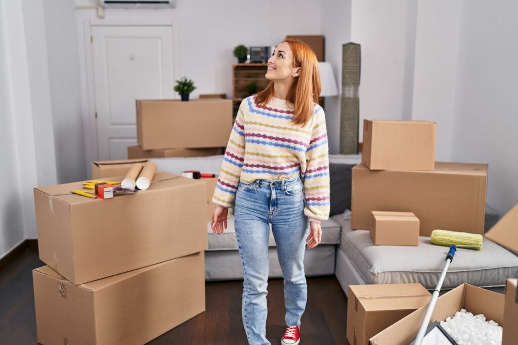 Young woman smiling as she unpacks her new home.