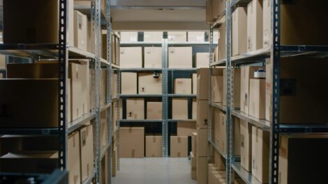 Boxes stacked on shelves in a well-organized storage unit.