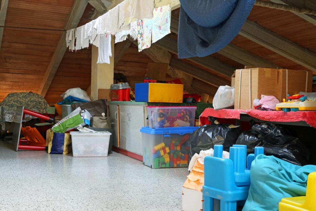 Boxes and bins of toys stored in an attic space.