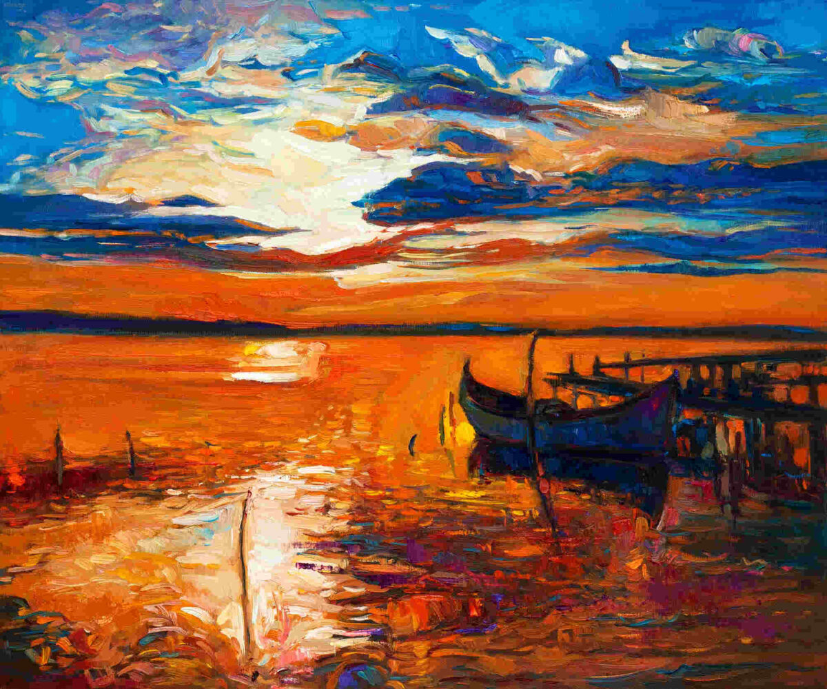 A vivid oil on canvas painting of a canoe docked in a jetty at sunset.