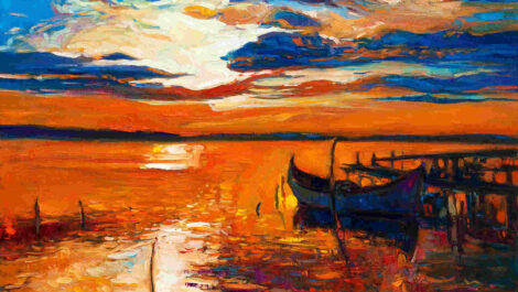 A vivid oil on canvas painting of a canoe docked in a jetty at sunset.
