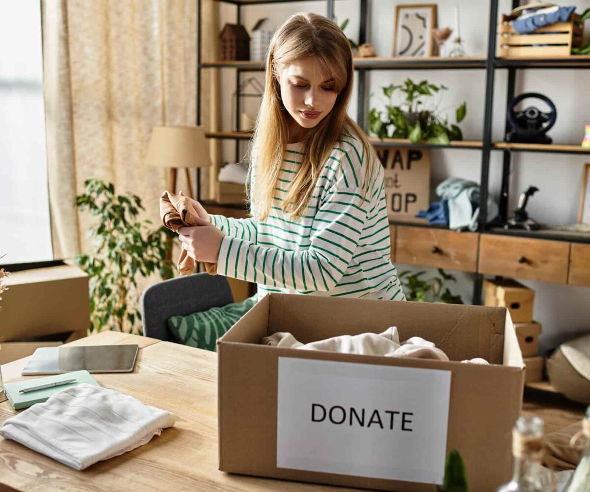 A woman going through her home, room by room, and organizing the items into a donation box.