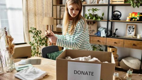 A woman going through her home, room by room, and organizing the items into a donation box.